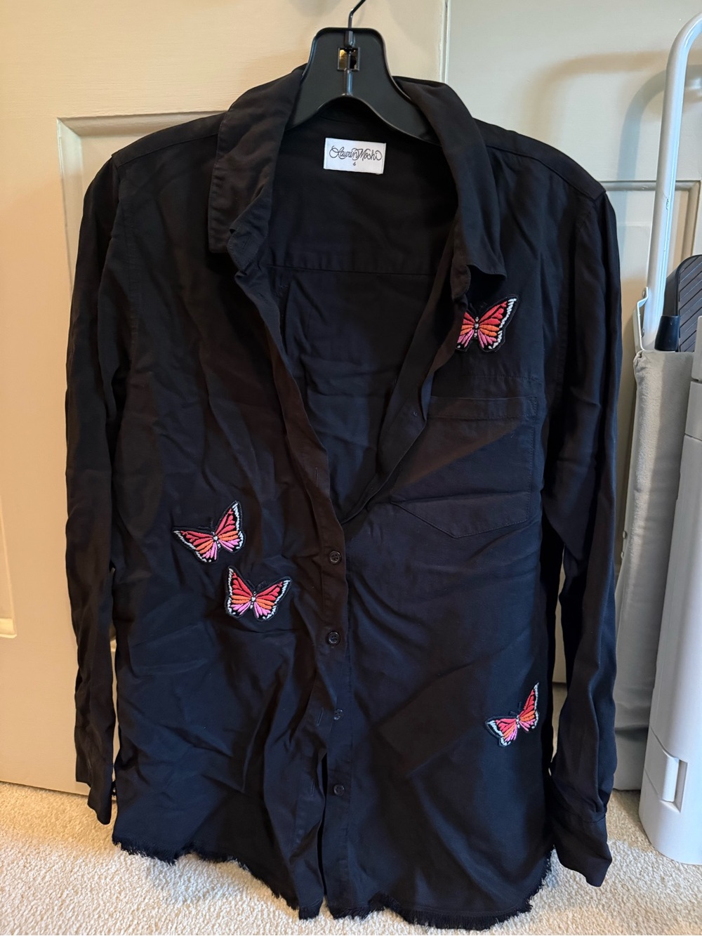 Lauren Moshi Black Shirt Jacket with Pink Butterflies Size S